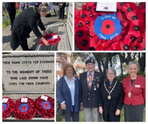 The Mayor of Seaford, Deputy Mayor of Seaford and Laurie Holland attend the D-Day service at Seaford War memorial.