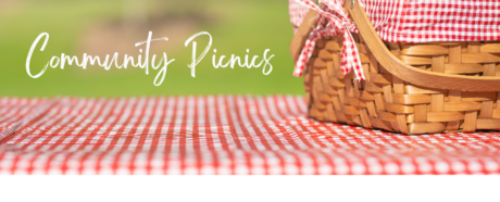 Picnic hamper on a picnic blanket with the words, Community Picnics