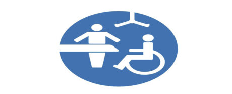 Changing Places logo - a figure in a wheelchair, a hoist and a carer next to a bed facility