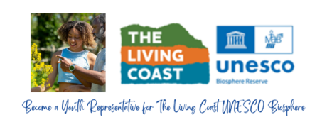 The living coast log, unesco logo and an image of a young person looking at a plant.